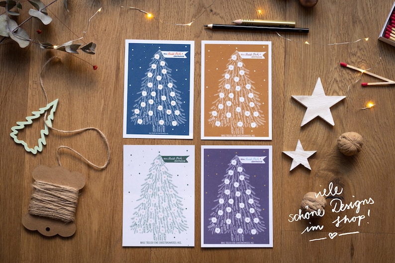 Mini Adventskalender, 5 Postkarten mit Baumkugeln zum Ausmalen Alternative für Weihnachtskarten & Weihnachtsgrüße Grün Weiß Bild 5