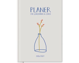 Lehrerkalender 2026 2027, nachhaltiger A5 Hardcover Lehrerplaner, FSC Papier, klimaneutral, 2 Lesebänder, beige blau rot