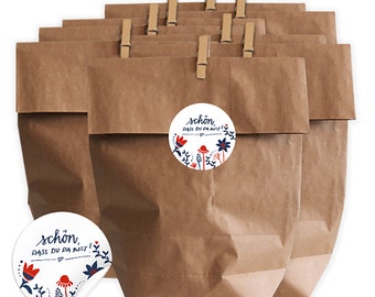 Gift bags SET with 24 stickers in white, kraft paper bags, & mini clips, nice that you are there, for gifts, as a thank you