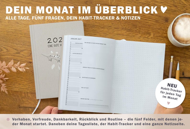 Jahresplaner 2027 Terminkalender mit einer Doppelseite pro Woche Softcover mit Einklappseiten und Leseband Wochenplaner in Creme-Beige mit Blumen Bouquet