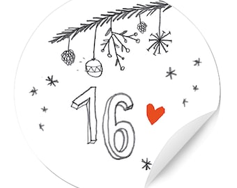 May include: A white circle with a black and white illustration of a Christmas tree branch with ornaments, snowflakes, and the number 16. A red heart is to the right of the number.