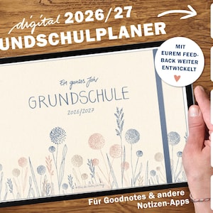 Könnte beinhalten: Digitaler Grundschule-Planer 2026/27 mit floralen Illustrationen. Der Planer bietet Platz für tägliche To-dos und Notizen und ist für Goodnotes und andere Notizen-Apps konzipiert.