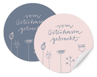 Ostersticker vom Osterhase gebracht | 24 runde Aufkleber für Ostergrüße | lustige Osteraufkleber im DIY Blumen Design | blau rosa, 2 Motive