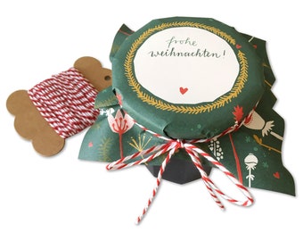 25 Marmeladendeckchen - Frohe Weihnachten! | Gläserdeckchen Grün für Marmelade & Weihnachtsgeschenke | Recyclingpapier Abreißblock + Garn