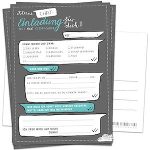 Einladungskarten - kleine Chat Einladung | Grau Weiß Türkis  | 50 vielseitige Recyclingpapier Einladungen für Geburtstag, Jubiläum, Party