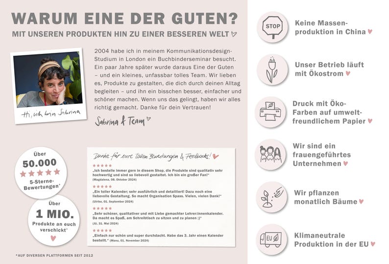 Nachhaltige Kalender 2027 von Eine der Guten klimaneutral produziert mit Ökofarben gedruckt, keine Massenproduktion