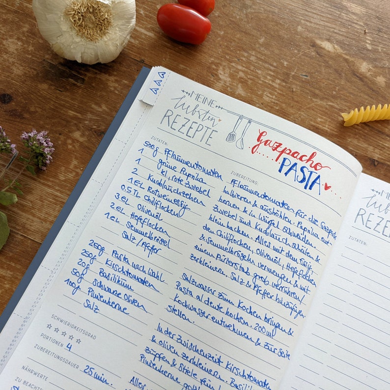 Rezeptbuch A5 zum Selberschreiben Meine liebsten Rezepte DIY Kochbuch, Geschenkidee Design in Blau Rosa FSC Papier, Softcover Bild 6