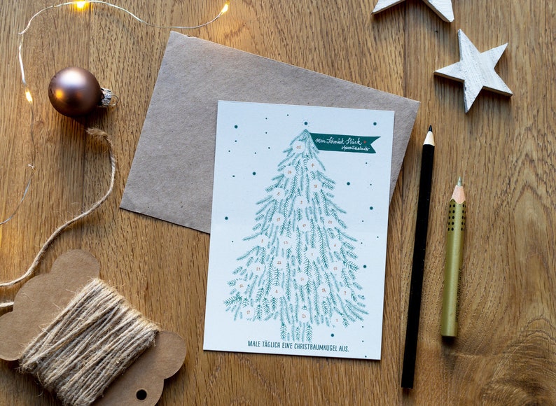 Mini Adventskalender, 5 Postkarten mit Baumkugeln zum Ausmalen Alternative für Weihnachtskarten & Weihnachtsgrüße Grün Weiß Bild 2