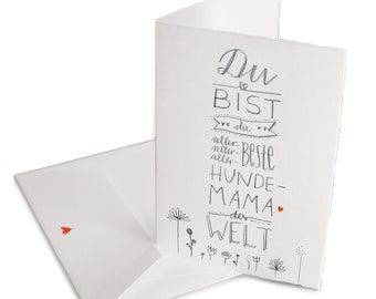 Muttertagskarte für die allerbeste Hundemama | Grußkarte mit Umschlag zum Muttertag, Geburtstag | Weiß Grau mit Blumen | Handlettering Bütte