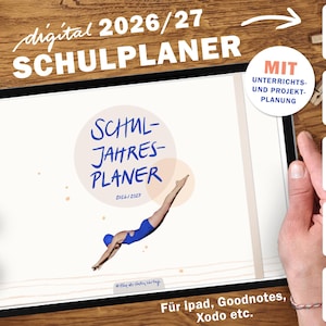 Può includere: Un'agenda scolastica digitale per il 2026/27 visualizzata su un tablet. L'agenda presenta un'illustrazione di un subacqueo e testo in tedesco. Ulteriori testi evidenziano funzionalità come la pianificazione delle lezioni.