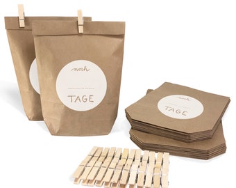 Advent calendar gift bags to fill yourself | 24 countdown kraft paper bags as Advent bags | 14cm x 22cm | with mini clips