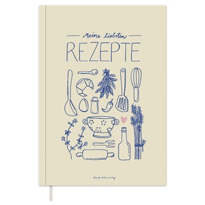 Rezeptbuch A5 zum Selberschreiben Meine liebsten Rezepte DIY Kochbuch, Geschenkidee Design in Gelb Blau Recyclingpapier, Softcover Bild 1