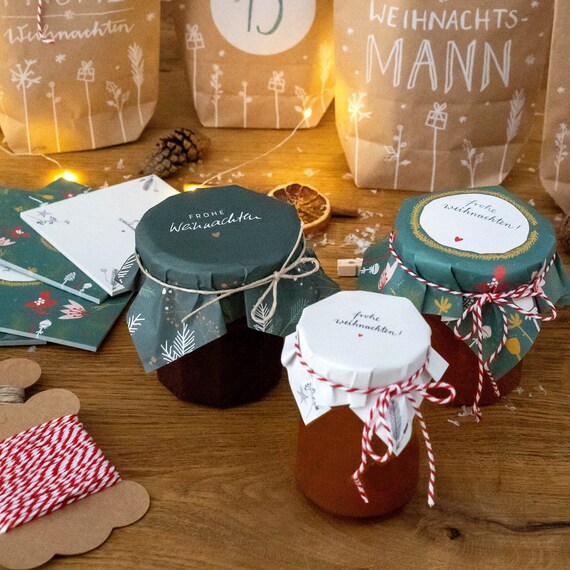 25 Marmeladendeckchen - schön, dass du da bist | Gläserdeckchen Weiß für Marmelade & Einmachgläser | Recyclingpapier Abreißblock + 10 m Garn