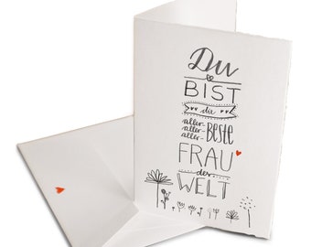 Valentine's card for the best woman, greeting card with envelope for Valentine's Day, birthday, Bütte handlettering