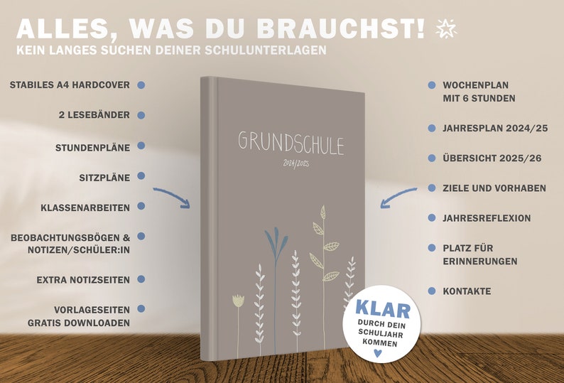 Grundschulplaner 2024 2025 A4 Lehrerkalender für Unterrichtsvorbereitung & Planung Lehrerplaner Schuljahr 2024/25 21x30 cm, grau weiß Bild 7