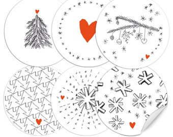 Weihnachtssticker, 24 Weihnachtsdeko Aufkleber, rund 40 mm, Weiß