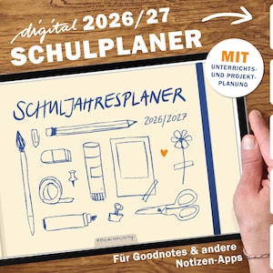 Könnte beinhalten: Ein digitaler Schulplaner für 2026/27 mit handgezeichnetem Design von Schulmaterialien. Der Planer beinhaltet Projektplanung und ist kompatibel mit Goodnotes und anderen Notiz-Apps. Das Bild zeigt ein Tablet mit geöffnetem Planer.