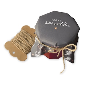 25 Marmeladendeckchen - Frohe Weihnachten! | Gläserdeckchen Grau für Marmelade & Weihnachtsgeschenke | Recyclingpapier Abreißblock + Garn