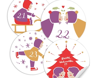 Adventskalenderzahlen Sticker für Kinder & Erwachsene | 4 Motive zum Adventskalender Basteln | Weiß Lila Rot Gelb, selbstklebend, 40 mm