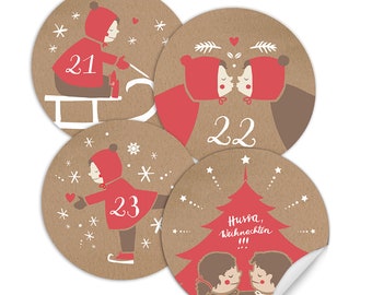 Adventskalenderzahlen Sticker für Kinder & Erwachsene | 4 Motive zum Adventskalender Basteln | Beige Rot Weiß, selbstklebend, 40 mm | retro