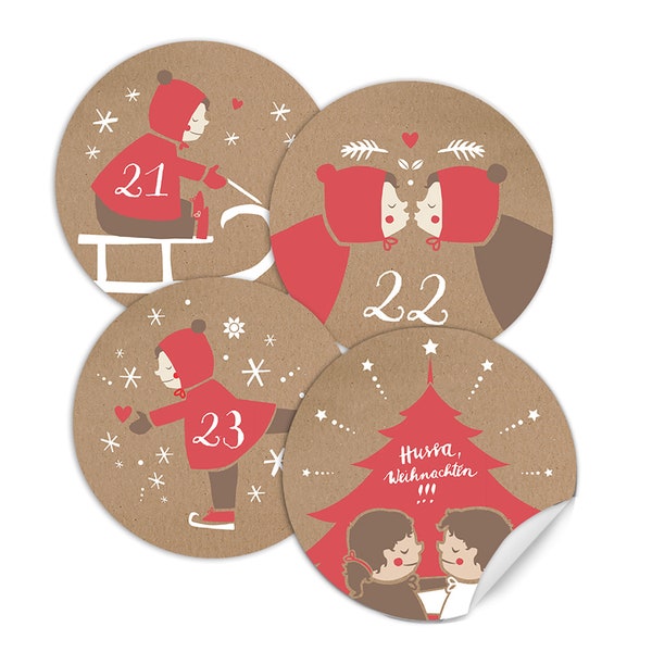 Adventskalenderzahlen Sticker für Kinder & Erwachsene | 4 Motive zum Adventskalender Basteln | Beige Rot Weiß, selbstklebend, 40 mm | retro