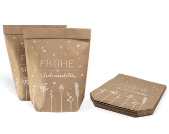 12 gift bags - merry Christmas | Christmas bags as a gift wrap alternative for gifts, cookies | 14 cm x 22 cm | beige white