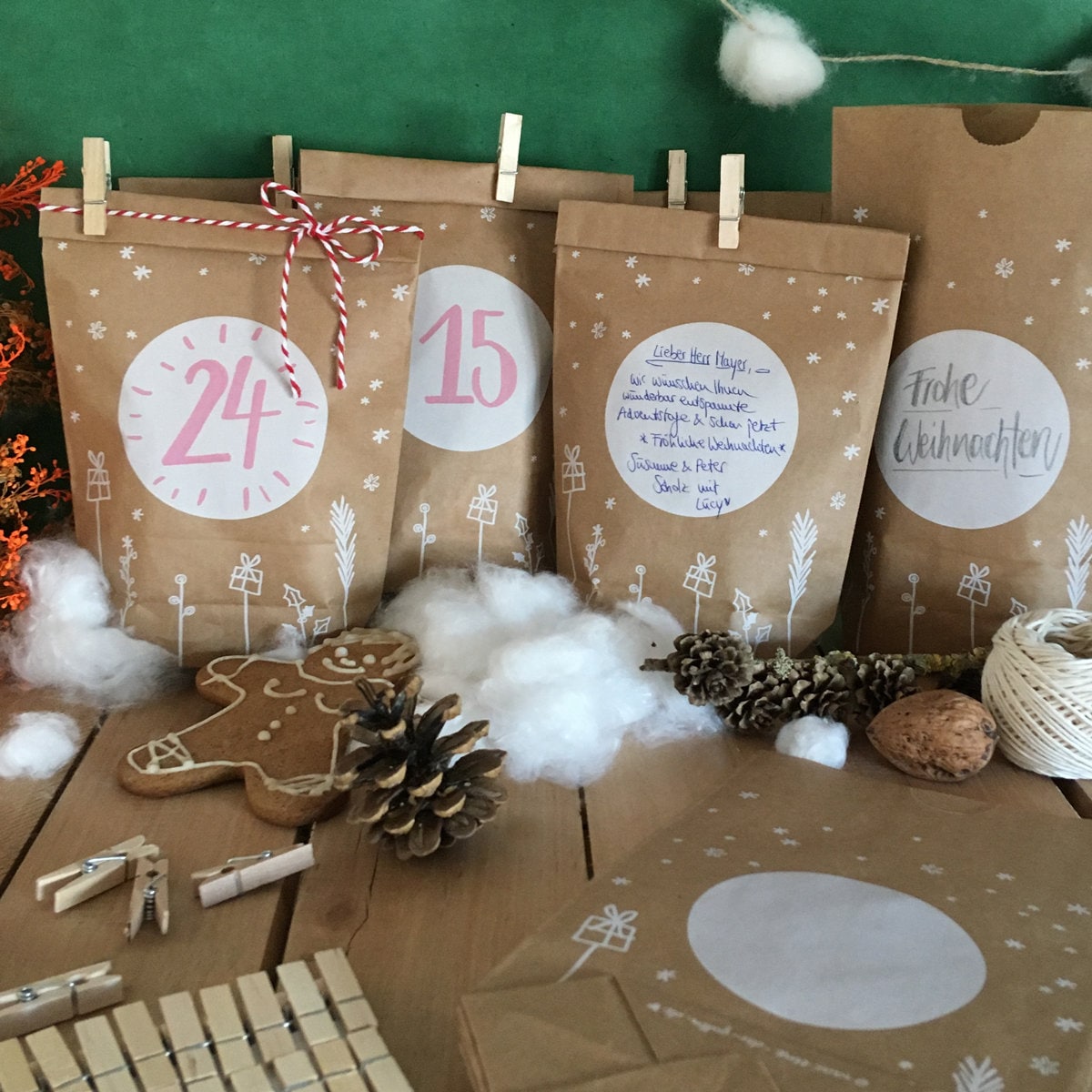 mit x Adventstüten Befüllen 14 Geschenktüten als cm 24 selbst cm Miniklammern zum Weihnachtsdeko Adventskalender Kraftpapiertüten 22