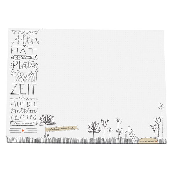 Desk pad A3 with dot grid, floral hand lettering design, white
