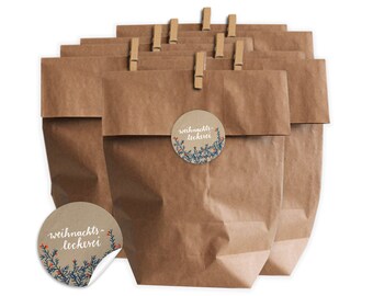 Gift bags set for cookies, biscuits and pastries with 24 Christmas treat sticker, kraft paper bags, & mini staples, Beige