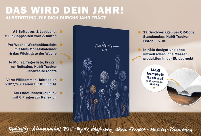 A5 Kalender 2027 Softcover mit Jahresplan, Wochenübersicht, Monatsplanung, Reflexion und 17 Druckvorlagen per QR Code
