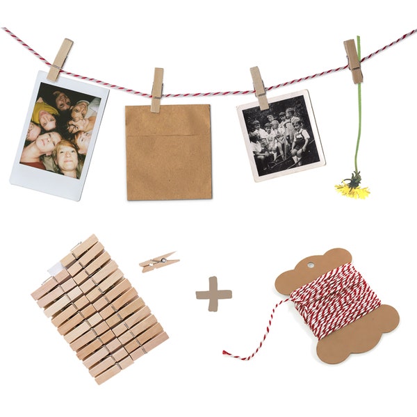 DIY Set für Fotoleine | 10 m Garn rot weiß & 24 Mini Holzklammern | für Polaroids, Postkarten und Fotos | auch zum Adventskalender basteln