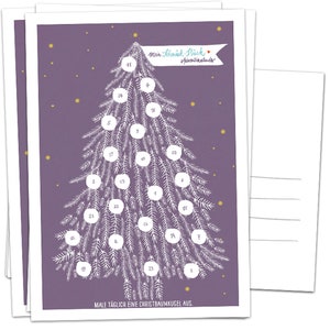 Mini Adventskalender, 5 Postkarten mit Baumkugeln zum Ausmalen | Alternative für Weihnachtskarten & Weihnachtsgrüße | Lila Weiß Gelb