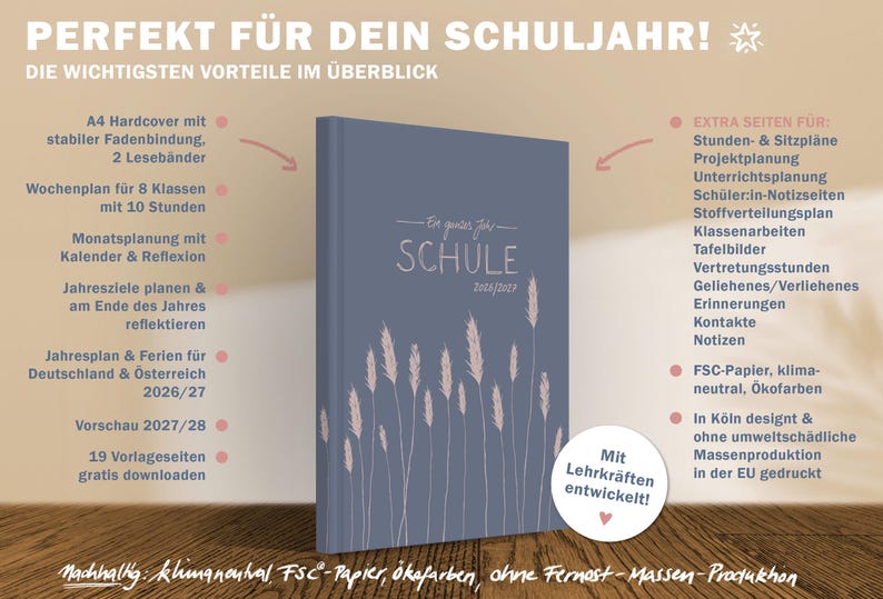 Lehrerkalender 2026 2027 blau rosa mit Planungshelfer für Unterrichtsvorbereitung und Schuljahr Planung