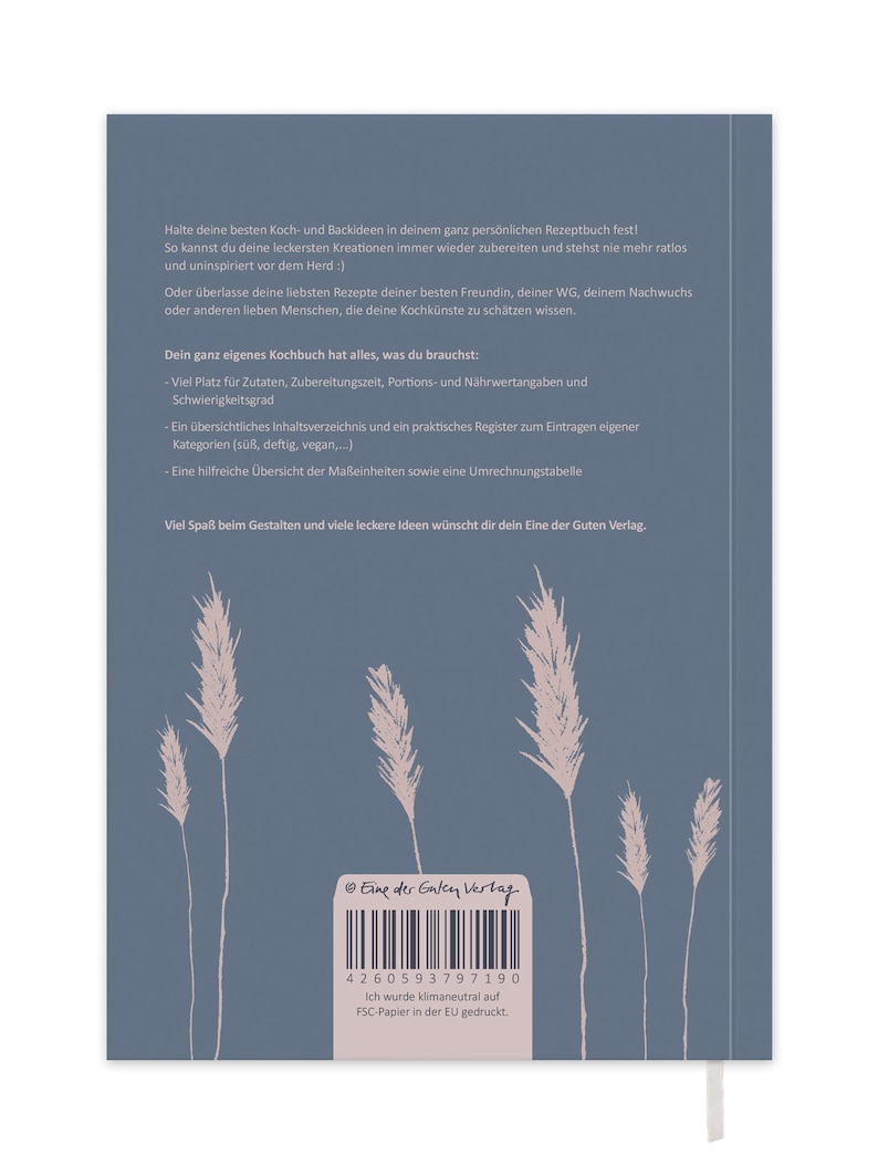 Rezeptbuch A5 zum Selberschreiben Selbstgemacht DIY Kochbuch, Geschenkidee Blau Rosa Ähren Design FSC Papier, Softcover Bild 10