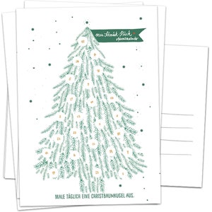 Mini Adventskalender, 5 Postkarten mit Baumkugeln zum Ausmalen | Alternative für Weihnachtskarten & Weihnachtsgrüße | Grün Weiß