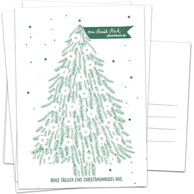 Mini Adventskalender, 5 Postkarten mit Baumkugeln zum Ausmalen Alternative für Weihnachtskarten & Weihnachtsgrüße Grün Weiß Bild 1