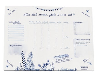 Schreibtischunterlage Blau A3 |  Aquarell Blumen Design | 25 Blatt Recyclingpapier Abreißblock