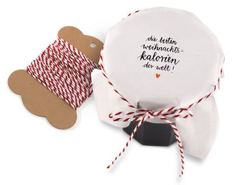 25 Marmeladendeckchen "die besten Weihnachtskalorien der Welt", Recyclingpapier Abreißblock, Weiß