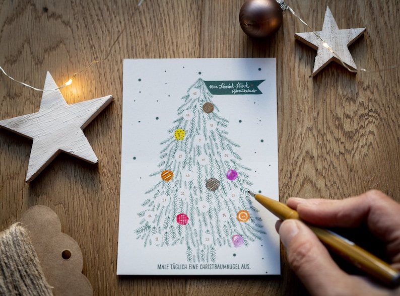 Mini Adventskalender, 5 Postkarten mit Baumkugeln zum Ausmalen Alternative für Weihnachtskarten & Weihnachtsgrüße Grün Weiß Bild 3