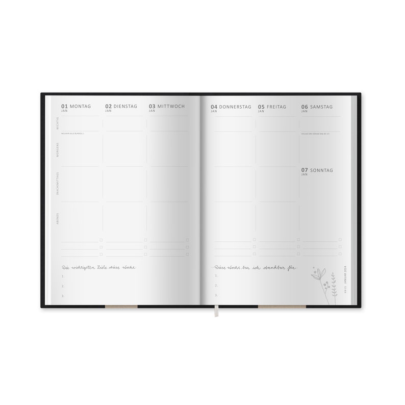 Terminkalender A5 Kalender 2024 quer Wochenplaner & Notizbuch für mehr Achtsamkeit schlichter Hardcover Taschenkalender Schwarz Weiß Bild 8