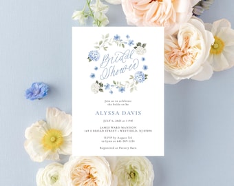 Blue Hydrangea Floral Bridal Shower invitation, Something Blue Wreath Invite