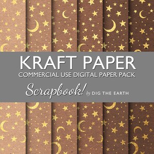 DESCARGA instantánea de papel de Kraft con lunas de oro y estrellas Digital Collage hojas 12 x 12 pulgadas Set 6 Digital papeles comerciales uso Kit de