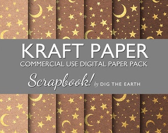 INSTANT DOWNLOAD Kraft Paper with Gold Moons and Stars Digital Collage Sheets 12x12 inch Set of 6 Digital Papers Commercial Use Kit