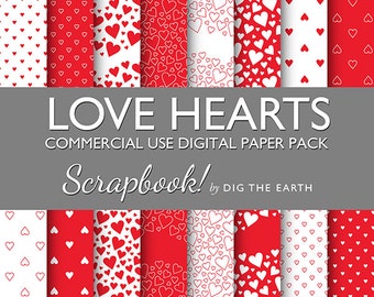 Instant Download Love Hearts Wallpaper Digital Collage Sheets 12x12 inch Set of 16 Digital Papers Primary Red Commercial Use Kit