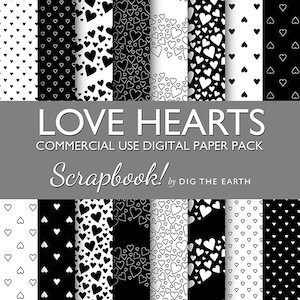 Instant Download miłość Hearts Tapety cyfrowe kolaże arkuszy 12x12 cala zestaw 16 cyfrowych papierów czarno-białe wykorzystanie komercyjne
