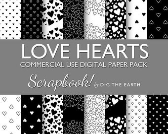 Instant Download Love Hearts Wallpaper Digital Collage Sheets 12x12 inch Set of 16 Digital Papers Black and White Commercial Use