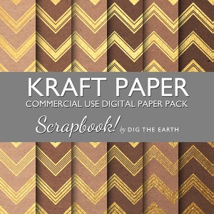 DESCARGAR INSTANT Kraft papel con oro galones Digital Collage hojas 12 x 12 pulgadas Set 6 Digital papeles comerciales uso Kit de