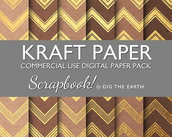 INSTANT DOWNLOAD Kraft Paper with Gold Chevrons Digital Collage Sheets 12x12 inch Set of 6 Digital Papers Commercial Use Kit