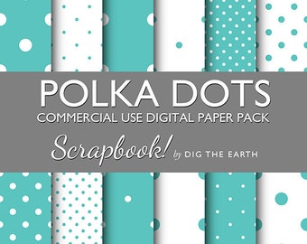 INSTANT DOWNLOAD Polka Dots Digital Collage Sheets 12x12 inch Set of 12 Digital Papers Aqua Green Commercial Use Kit