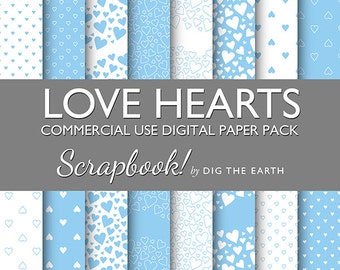 Instant Download Love Hearts Wallpaper Digital Collage Sheets 12x12 inch Set of 16 Digital Papers Baby Blue Commercial Use Kit